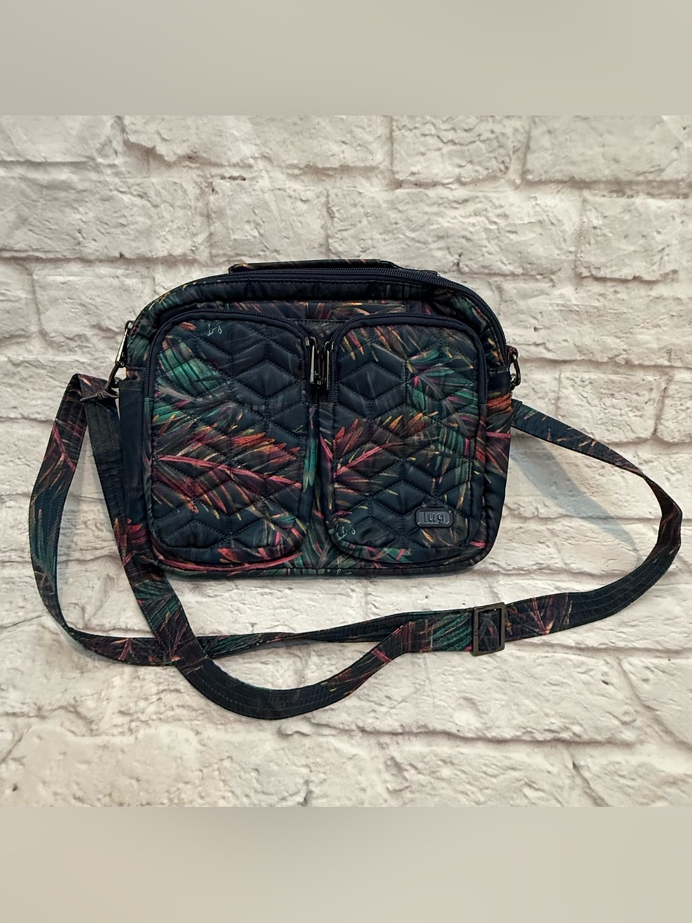 Lug Navigator Purse Crossbody Navy Blue Leaf Print Tote Bag Travel Nylon Zip